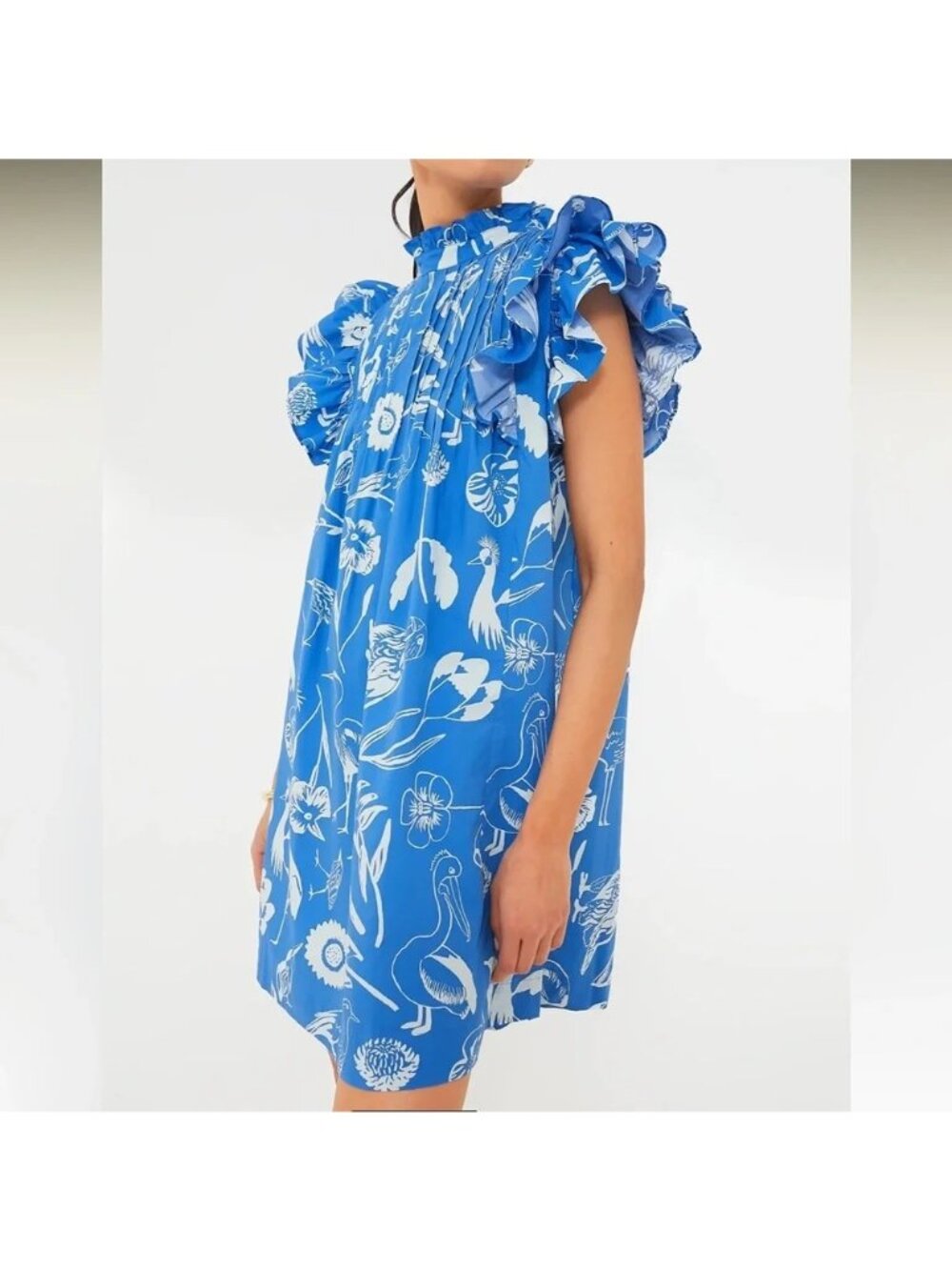 OLIPHANT Audubon Pintuck Ruffle Mini Dress Blue Size Large NWT - Picture 3 of 9